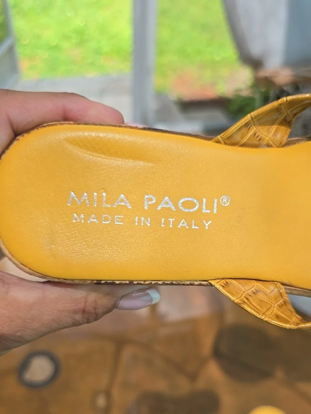 Mila Paoli Yellow Croc-Embossed Wedge Thong Sandals